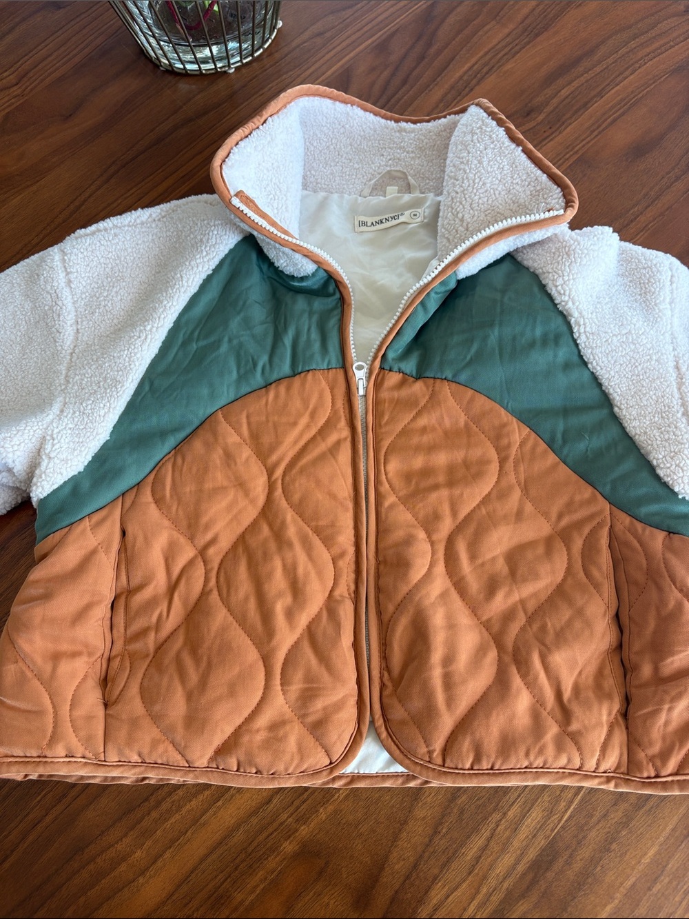 Blank NYC Kids Colorblock Quilted Puffer Jacket in Tan, Green & Cream